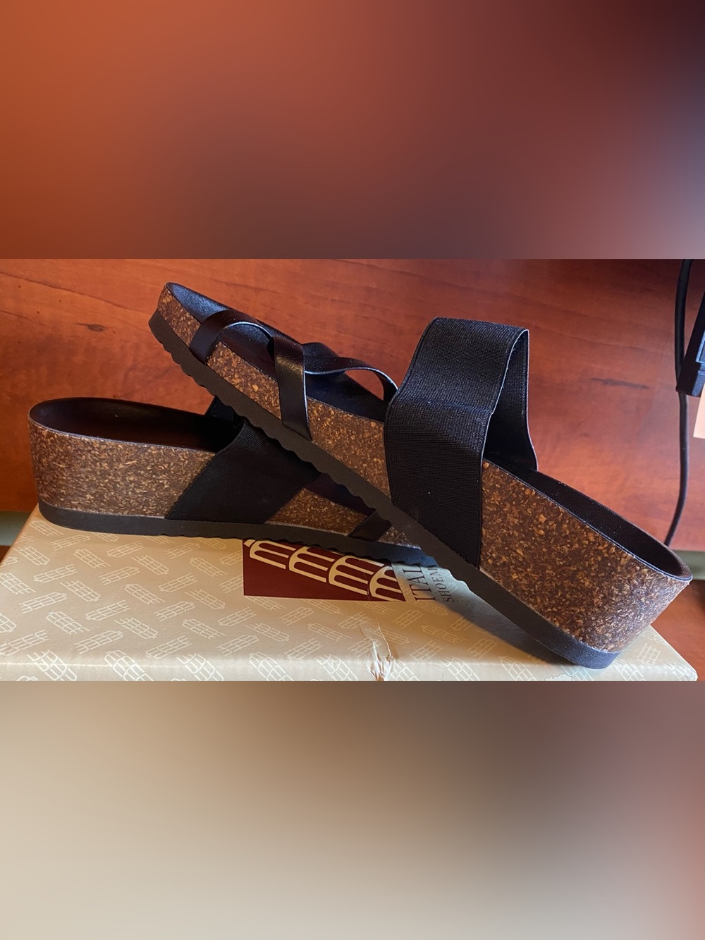 Italian Shoemakers Black Cork-Platform Slide Sandals with Elastic Straps. 9W.